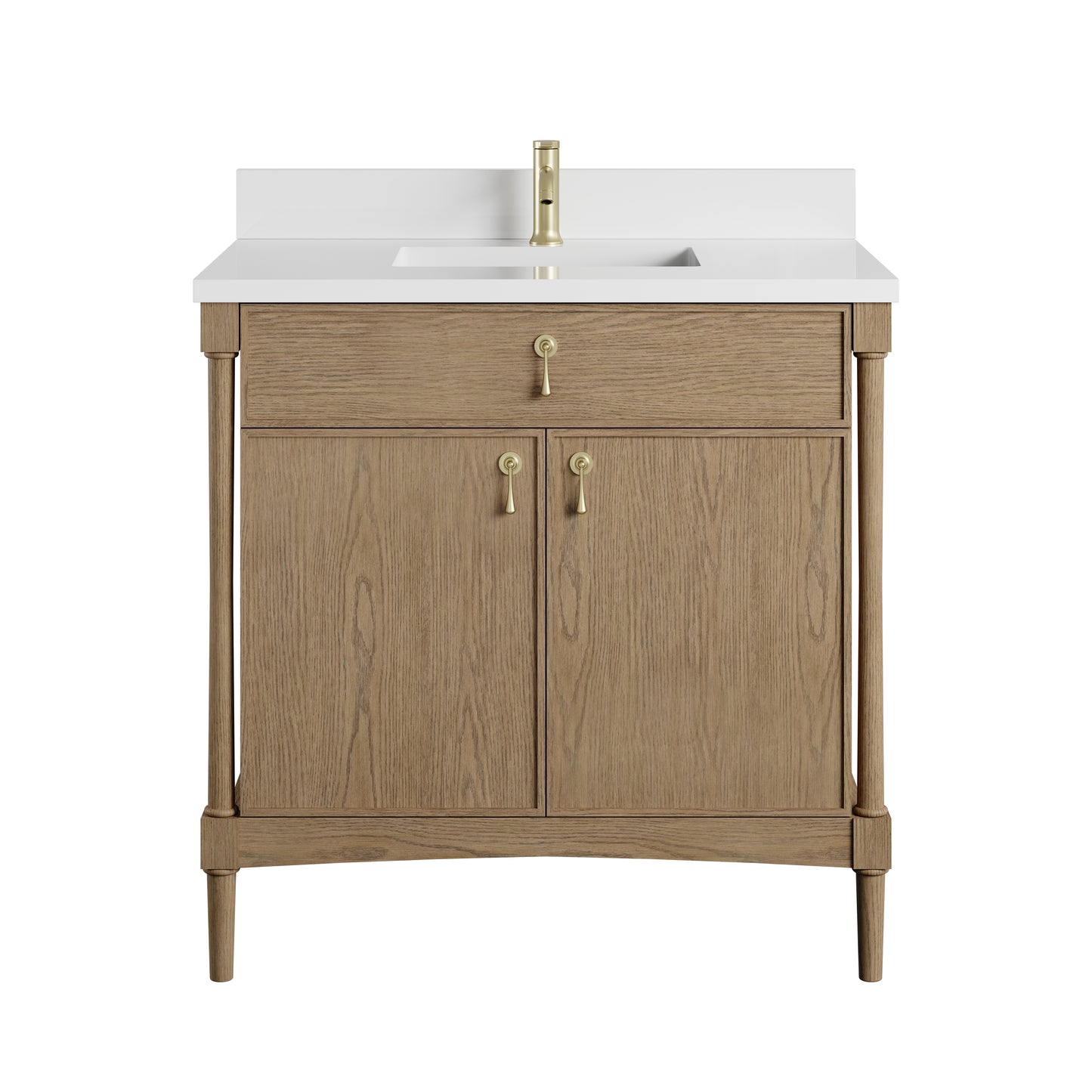 Renovate for Less Atlanta Kinnsden 36" Single Vanity, Weathered Oak w/ Single Hole 3 CM White Zeus Silestone Top and Matching Backsplash