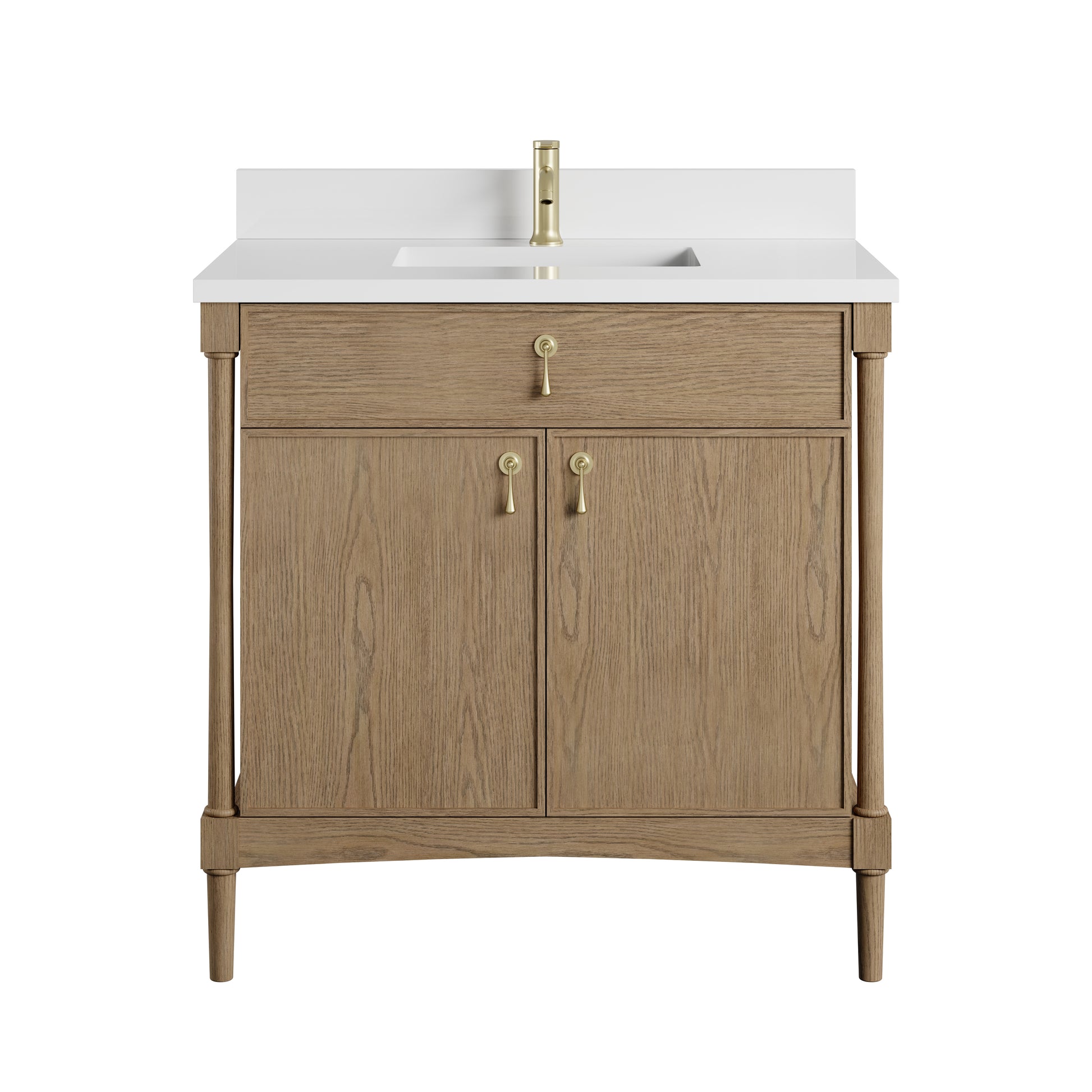 Renovate for Less Atlanta Kinnsden 36" Single Vanity, Weathered Oak w/ Single Hole 3 CM White Zeus Silestone Top and Matching Backsplash