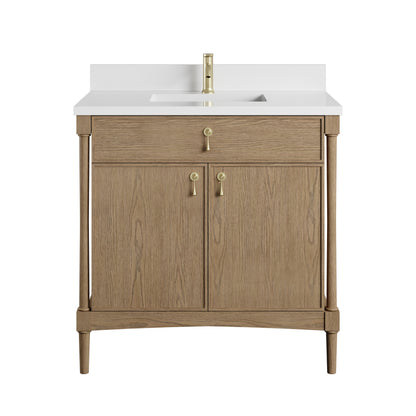 Renovate for Less Atlanta Kinnsden 36" Single Vanity, Weathered Oak w/ Single Hole 3 CM White Zeus Silestone Top and Matching Backsplash