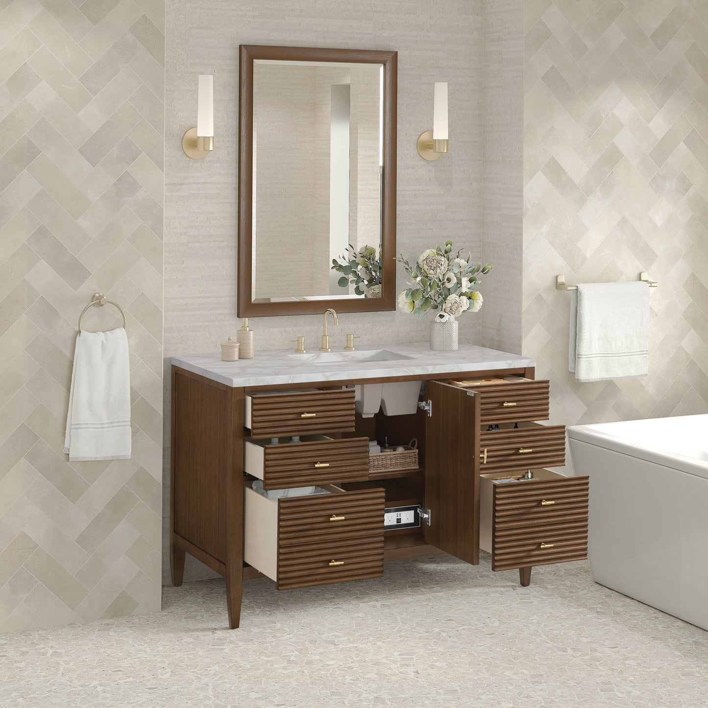 Renovate for Less Atlanta Myrrin 48" Single Vanity, Mid Century Walnut w/ 3 CM Victorian Silver Silestone Top w/FreePower Wireless Charger