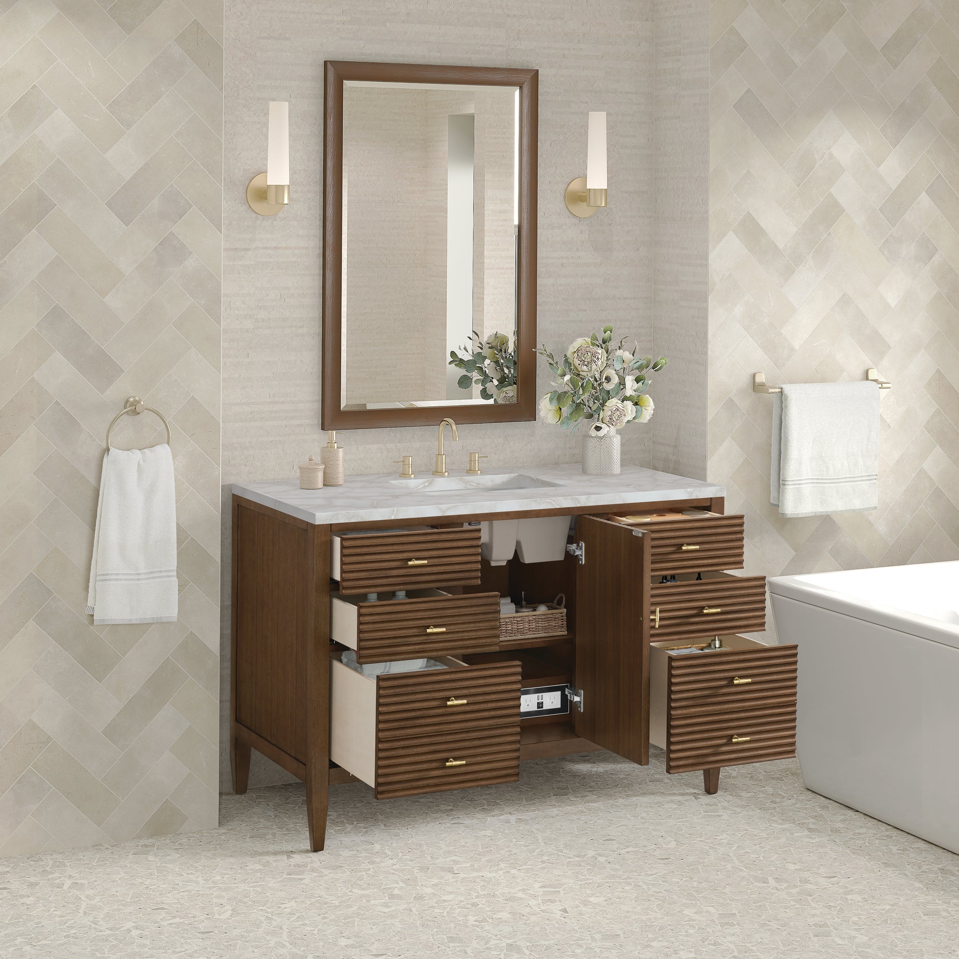 Renovate for Less Atlanta Myrrin 48" Single Vanity, Mid Century Walnut w/ 3 CM Victorian Silver Silestone Top w/FreePower Wireless Charger