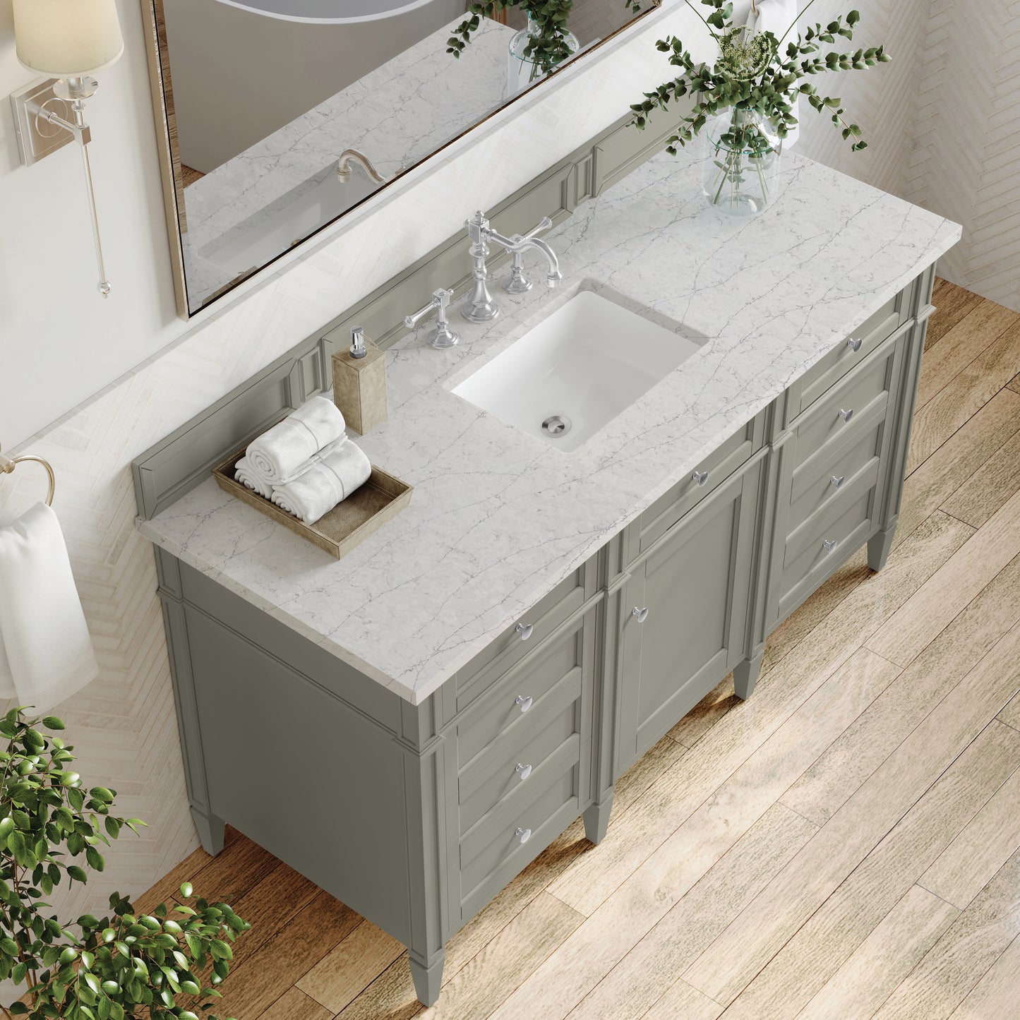 Renovate for Less Atlanta Brittany 60" Single Vanity, Urban Gray w/ 3 CM Eternal Jasmine Pearl Silestone Top