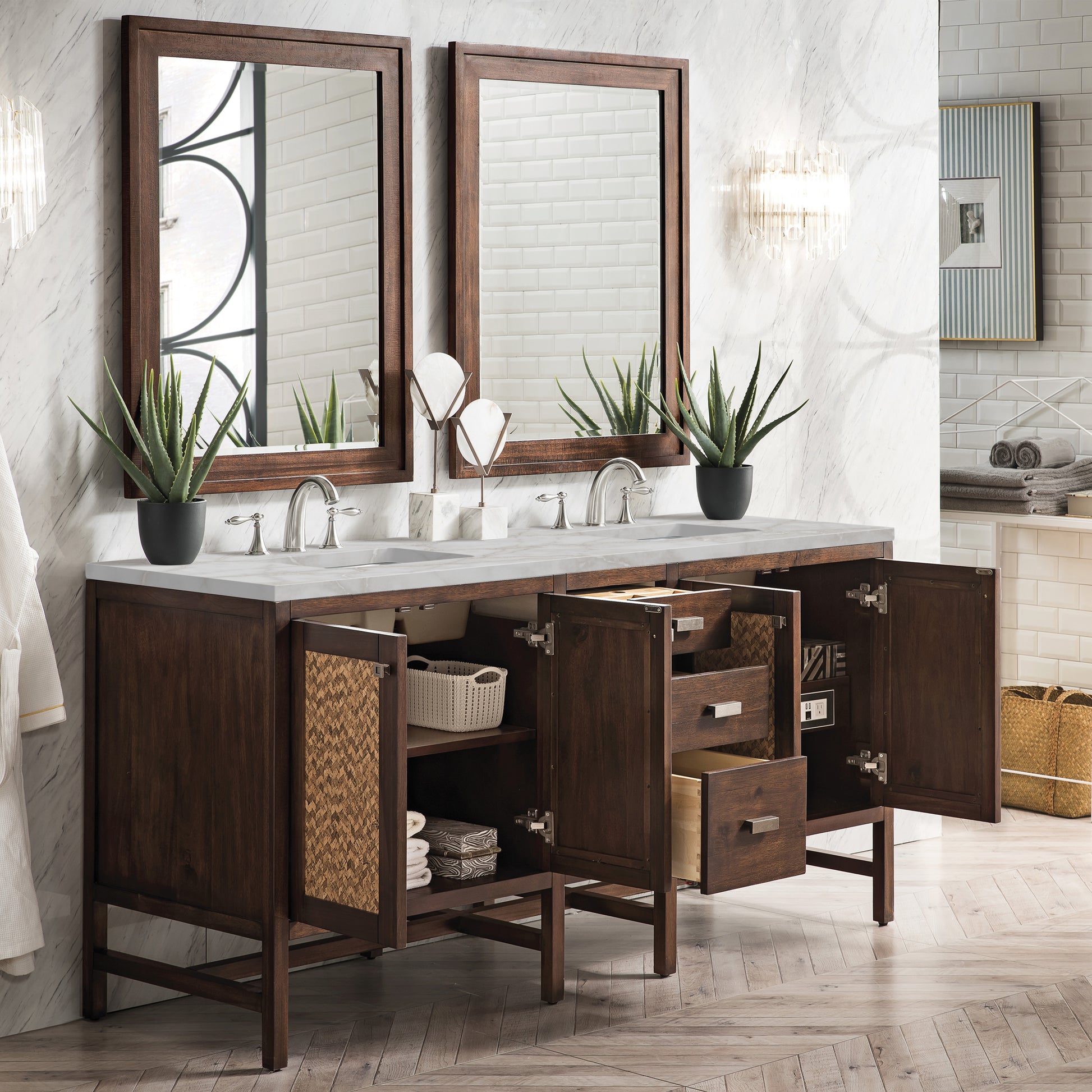 Renovate for Less Atlanta Addison 72" Double Vanity, Mid-Century Acacia w/ 3 CM Victorian Silver Silestone Top