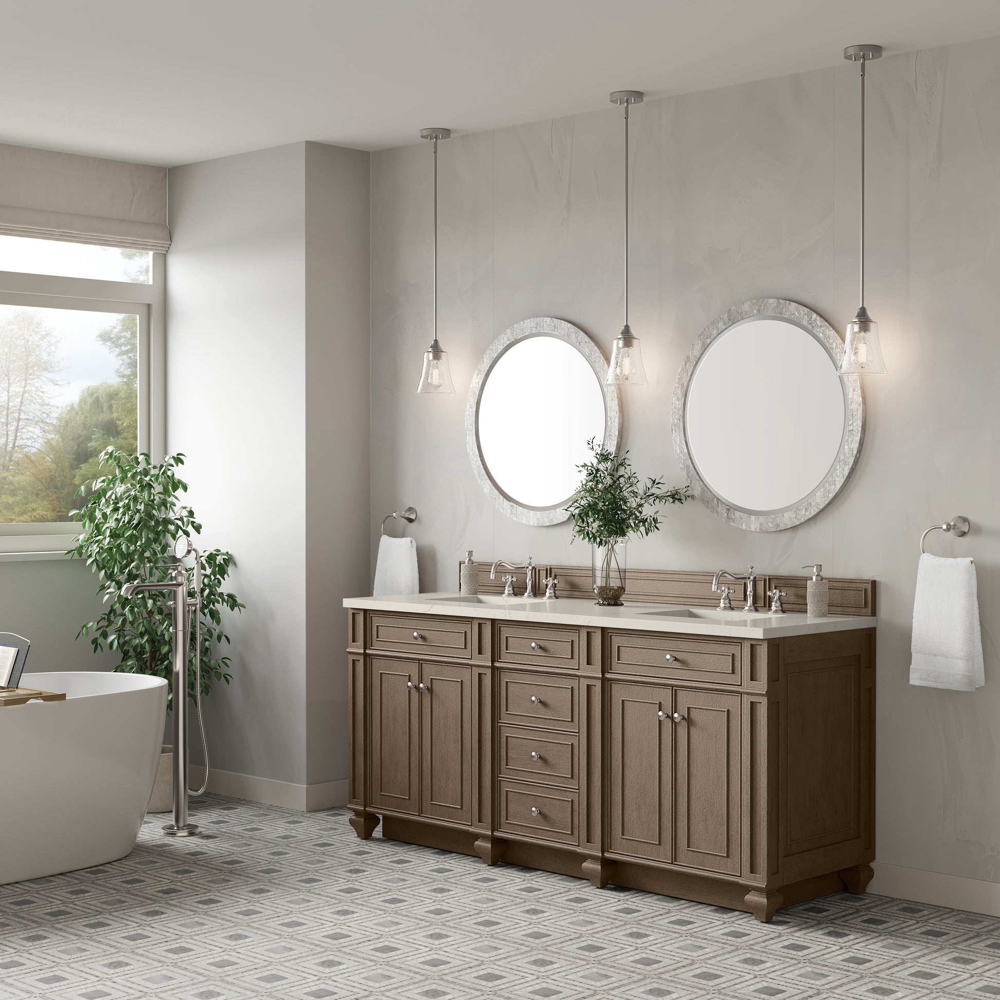 Renovate for Less Atlanta Bristol 72" Double Vanity, Whitewashed Walnut, w/ 3 CM Siberian Silestone Top w/FreePower Wireless Charger