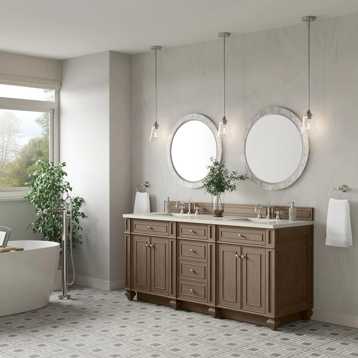 Bristol 72" Double Vanity, Whitewashed Walnut, w/ 3 CM Siberian Silestone Top w/FreePower Wireless Charger