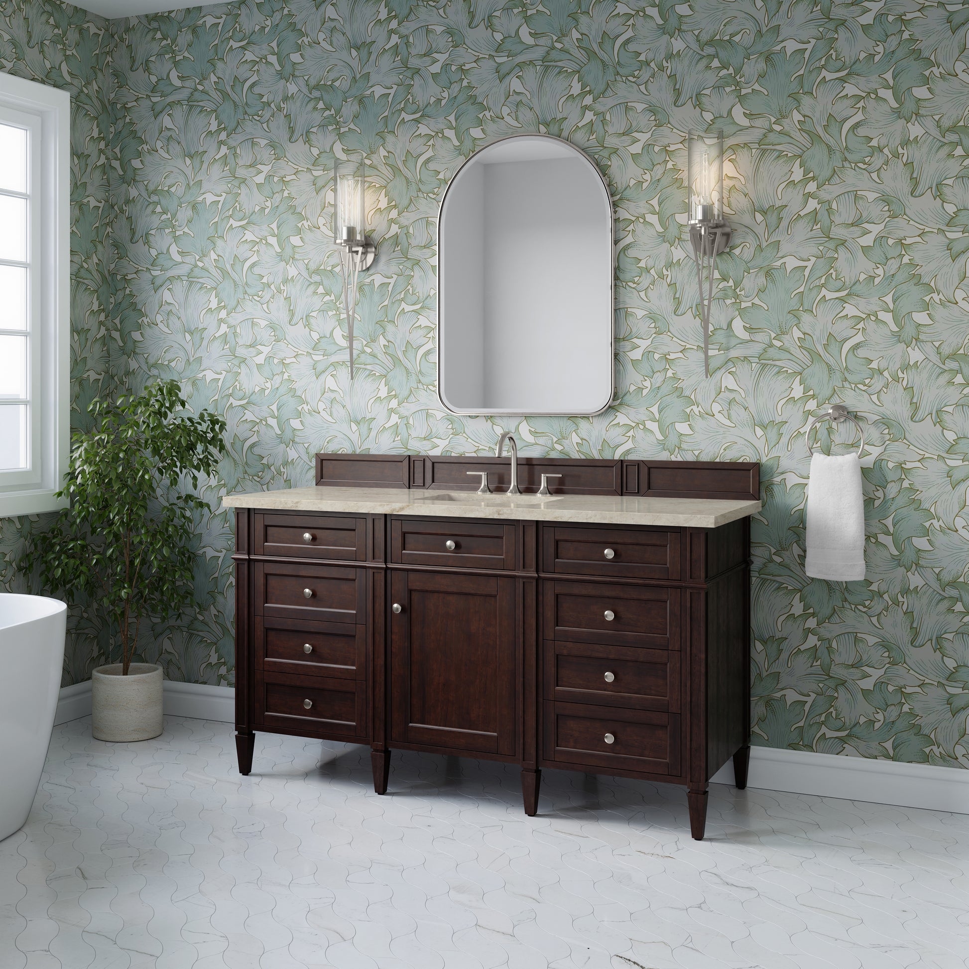 Renovate for Less Atlanta Brittany 60" Single Vanity, Burnished Mahogany, w/ 3 CM Tajnar Eclos Top w/FreePower Wireless Charger