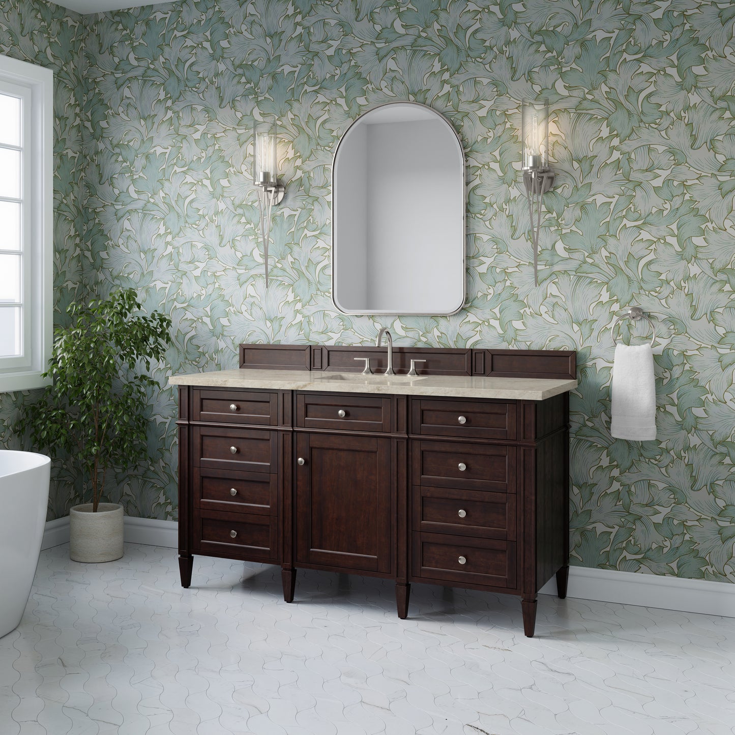 Renovate for Less Atlanta Brittany 60" Single Vanity, Burnished Mahogany, w/ 3 CM Tajnar Eclos Top