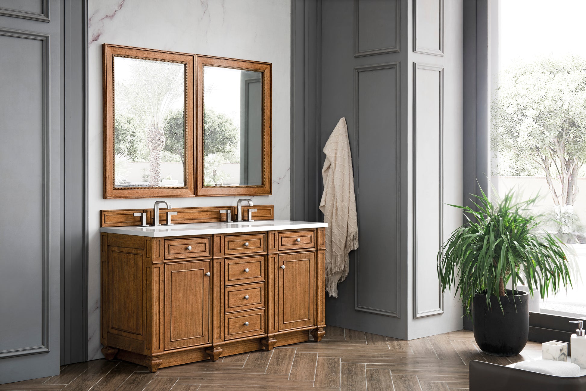 Renovate for Less Atlanta Bristol 60" Double Vanity, Saddle Brown w/ 3 CM White Zeus Silestone Top