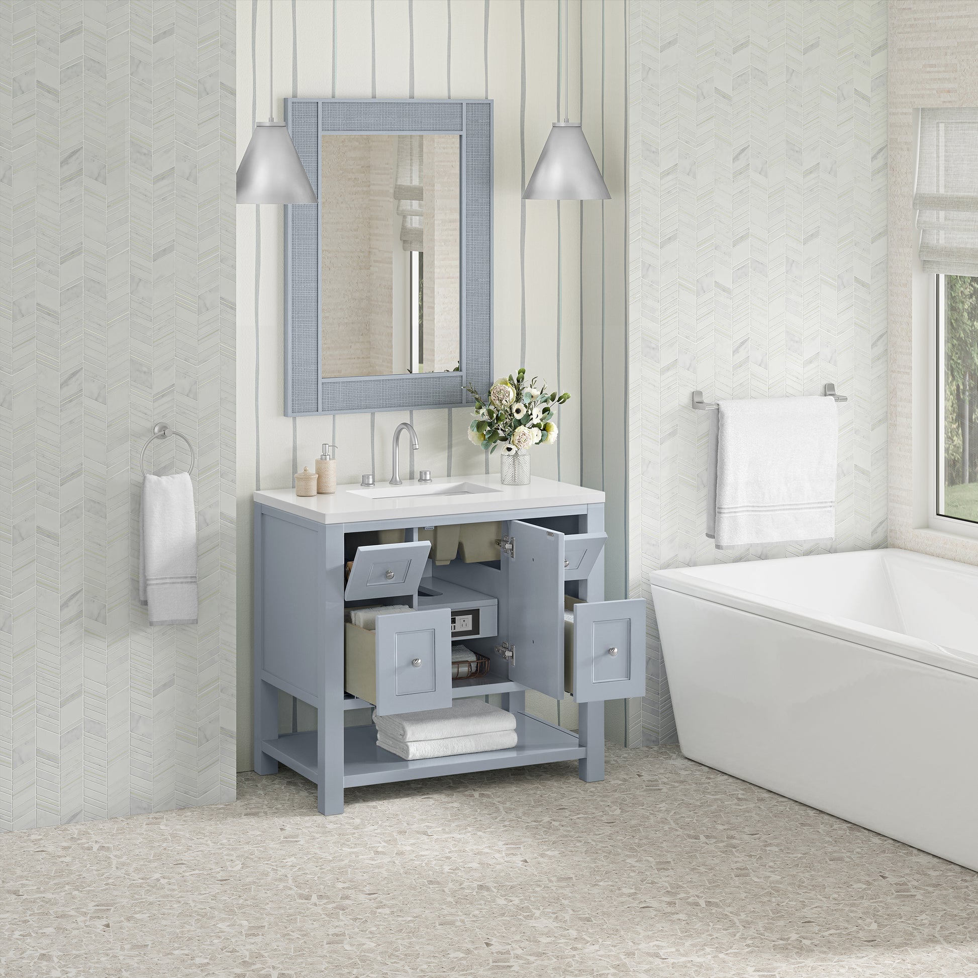 Renovate for Less Atlanta Breckenridge 36" Single Vanity, Serenity Blue, w/ 3 CM White Zeus Quartz Top