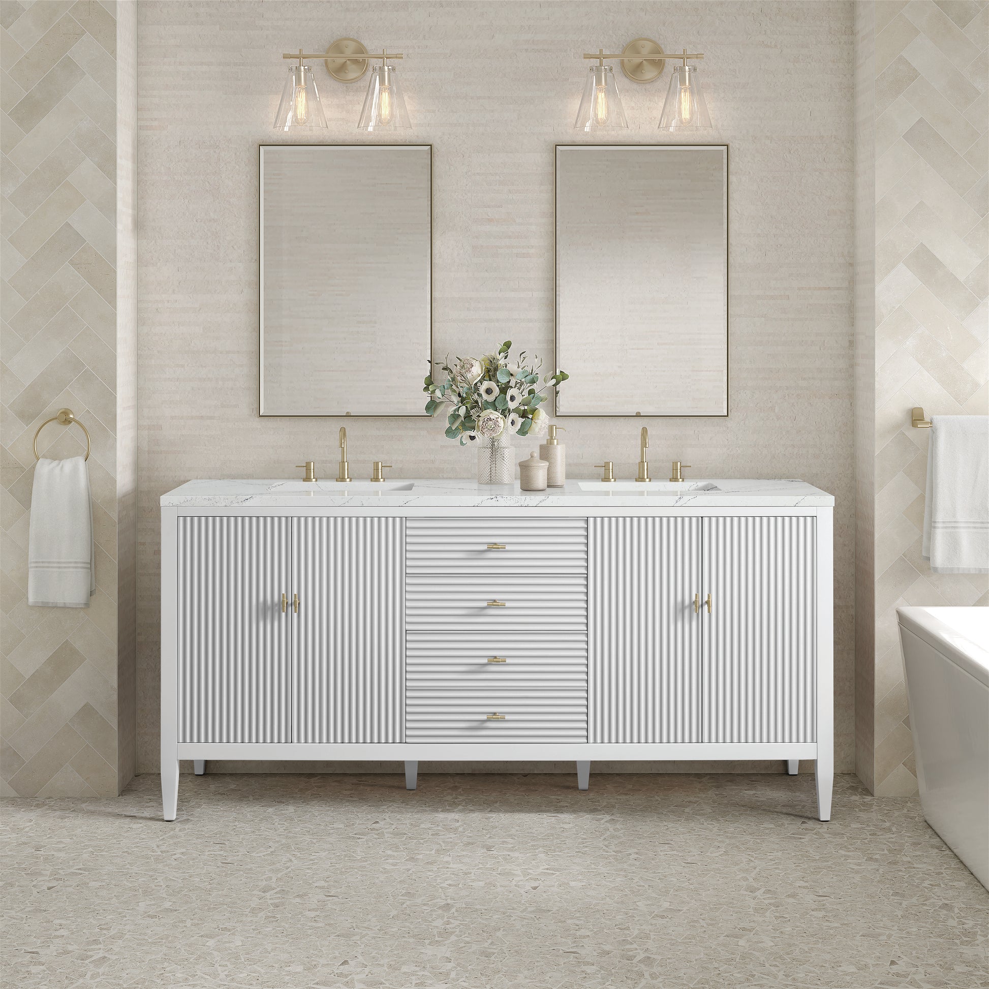 Renovate for Less Atlanta Myrrin 72" Double Vanity, Bright White w/ 3 CM Ethereal Noctis Silestone Top w/FreePower Wireless Charger