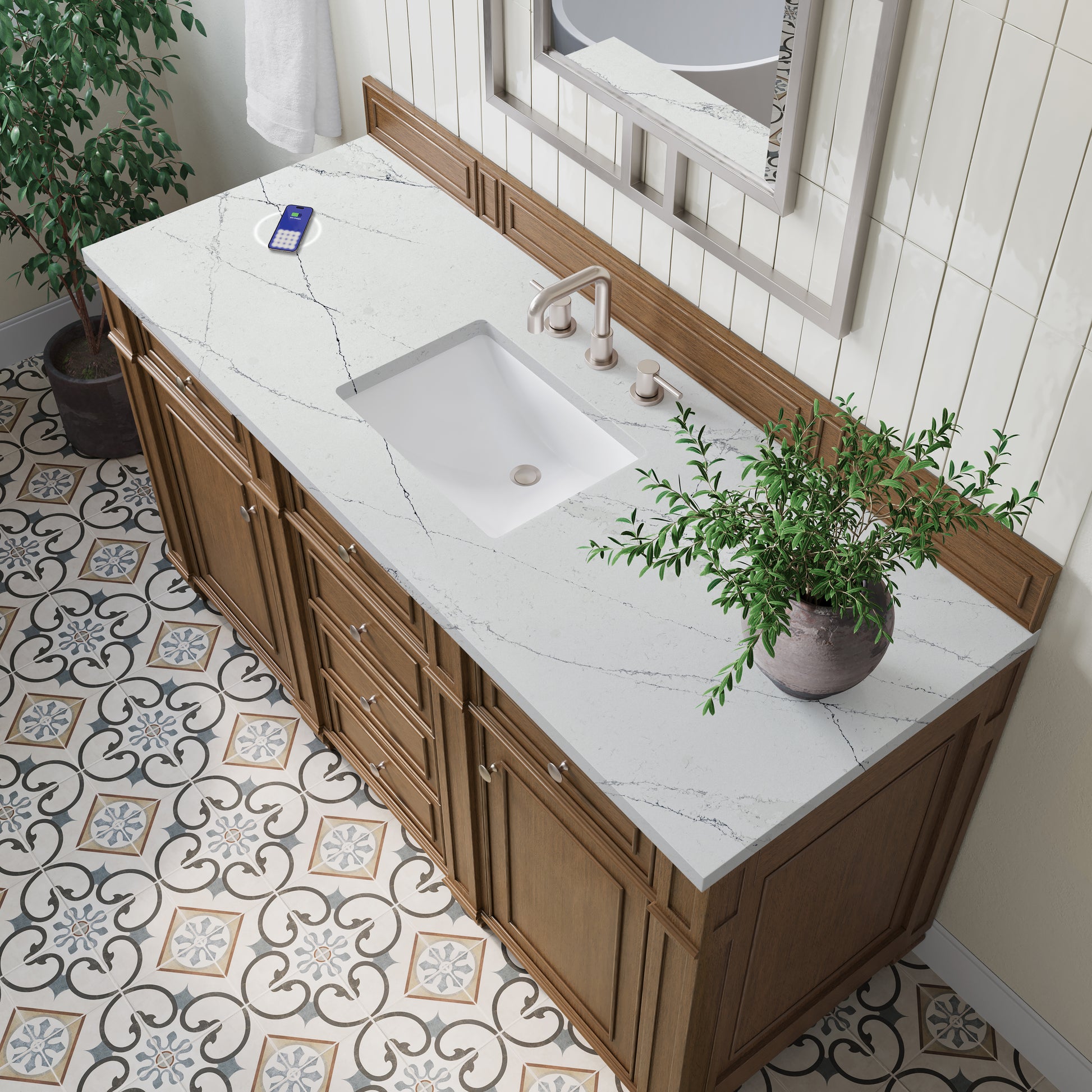Renovate for Less Atlanta Bristol 60" Single Vanity, Saddle Brown w/ 3 CM Ethereal Noctis Silestone Top w/FreePower Wireless Charger