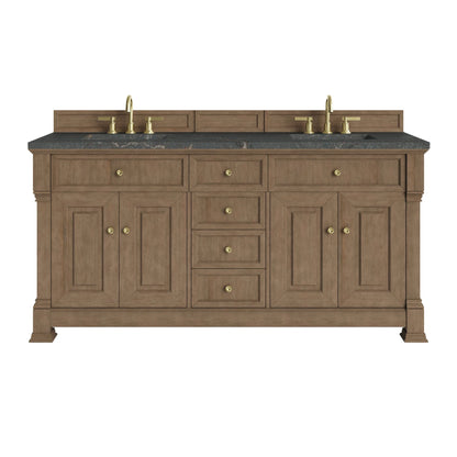 Brookfield 72" Double Vanity, Pecan w/ 3 CM Parisien Bleu Silestone Top w/ FreePower Wireless Charger