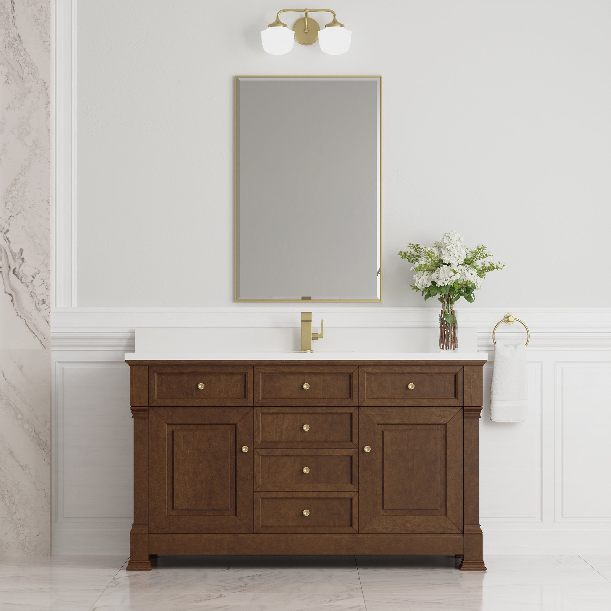 Renovate for Less Atlanta Brookfield 60" Single Vanity, Honey Oak w/ Single Hole 3 CM White Zeus Silestone Top & Backsplash