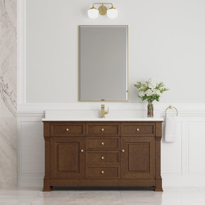 Renovate for Less Atlanta Brookfield 60" Single Vanity, Honey Oak w/ Single Hole 3 CM White Zeus Silestone Top & Backsplash