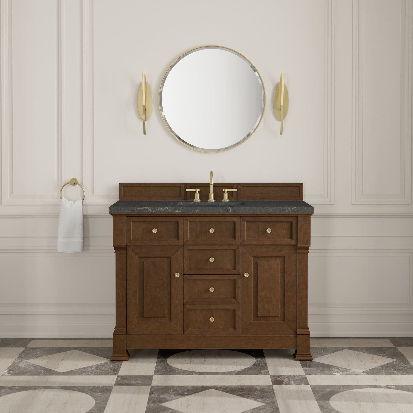 Renovate for Less Atlanta Brookfield 48" Single Vanity, Honey Oak w/ 3 CM Parisien Bleu Silestone Top w/ FreePower Wireless Charger