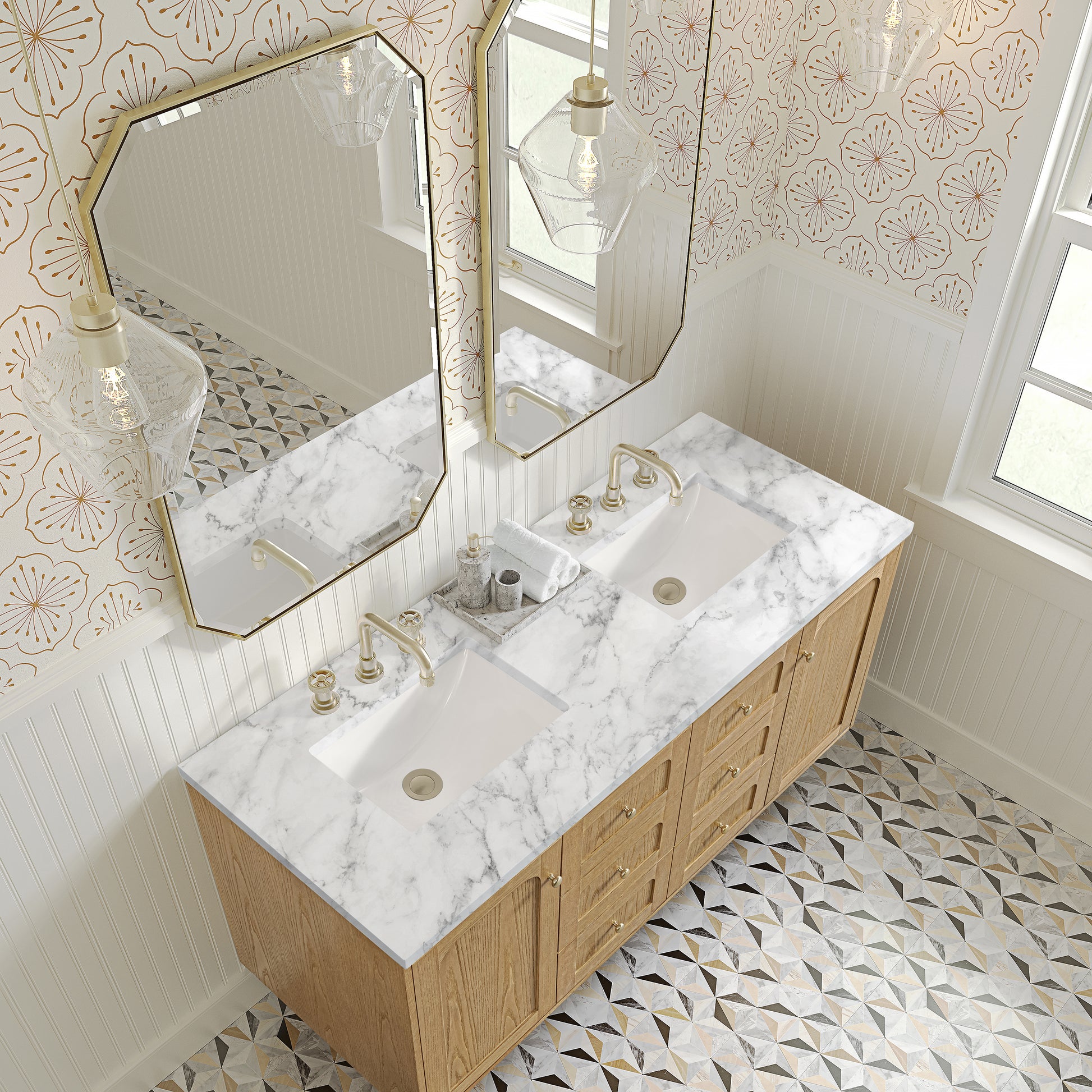 Renovate for Less Atlanta Laurent 60" Double Vanity, Light Natural Oak, w/ 3 CM Carrara Marble Top