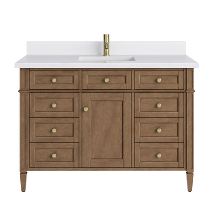 Renovate for Less Atlanta Brittany 48" Single Vanity, Pecan w/ Single Hole 3 CM White Zeus Silestone Top and Matching Backsplash
