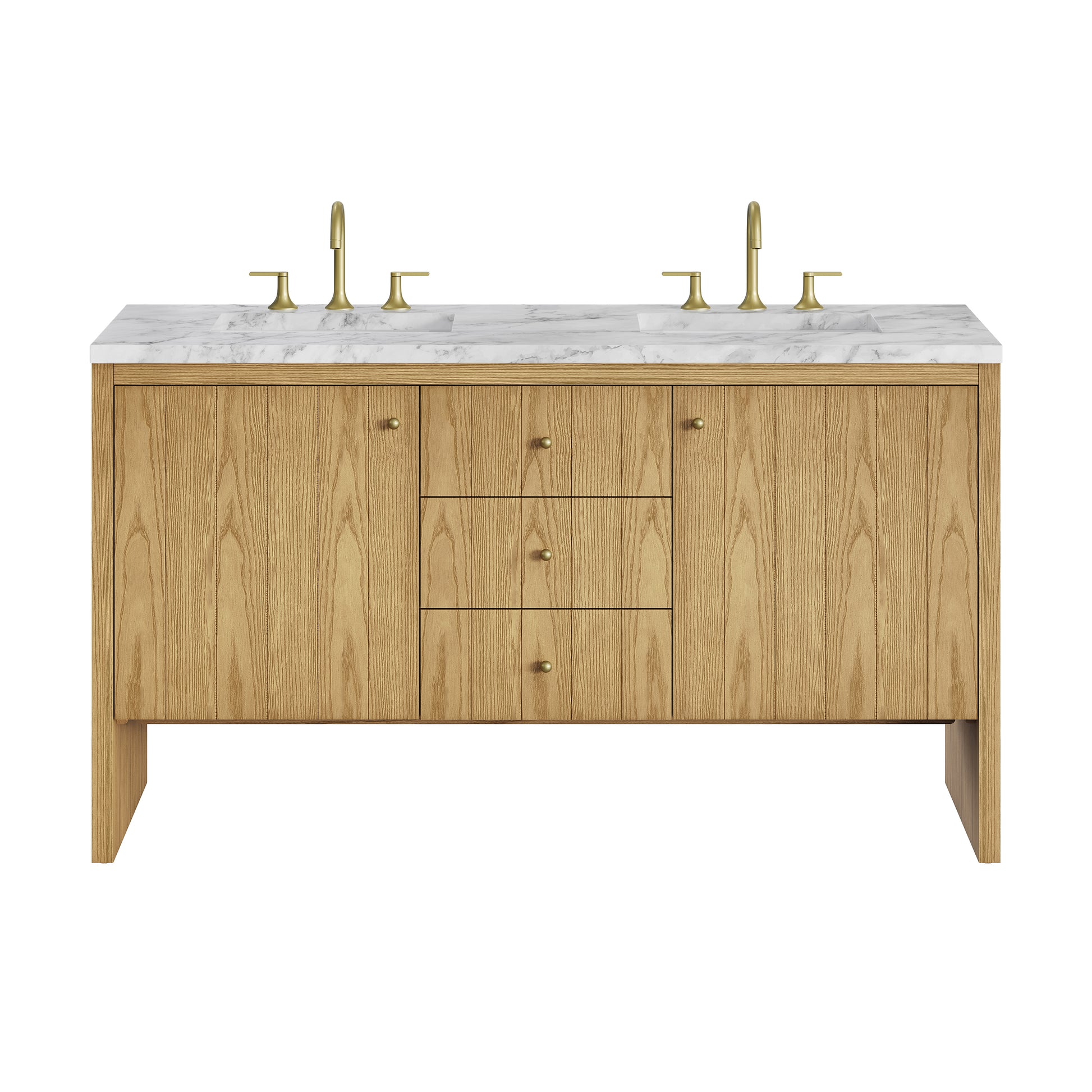 Renovate for Less Atlanta Hudson 60" Double Vanity, Light Natural Oak w/ 3 CM Carrara Marble Top