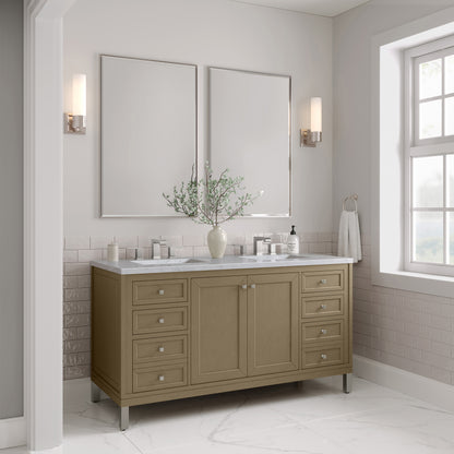 Renovate for Less Atlanta Chicago 60" Double Vanity, Walnut Whisper, w/ 3 CM Carrara Marble Top