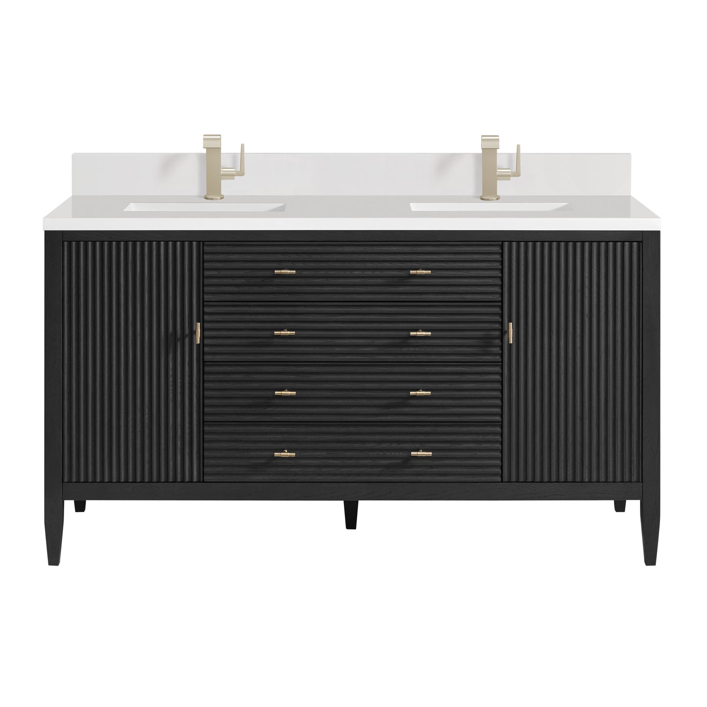 Renovate for Less Atlanta Myrrin 60" Double Vanity, Carbon Oak w/ Single Hole 3 CM White Zeus Silestone Top & Backsplash