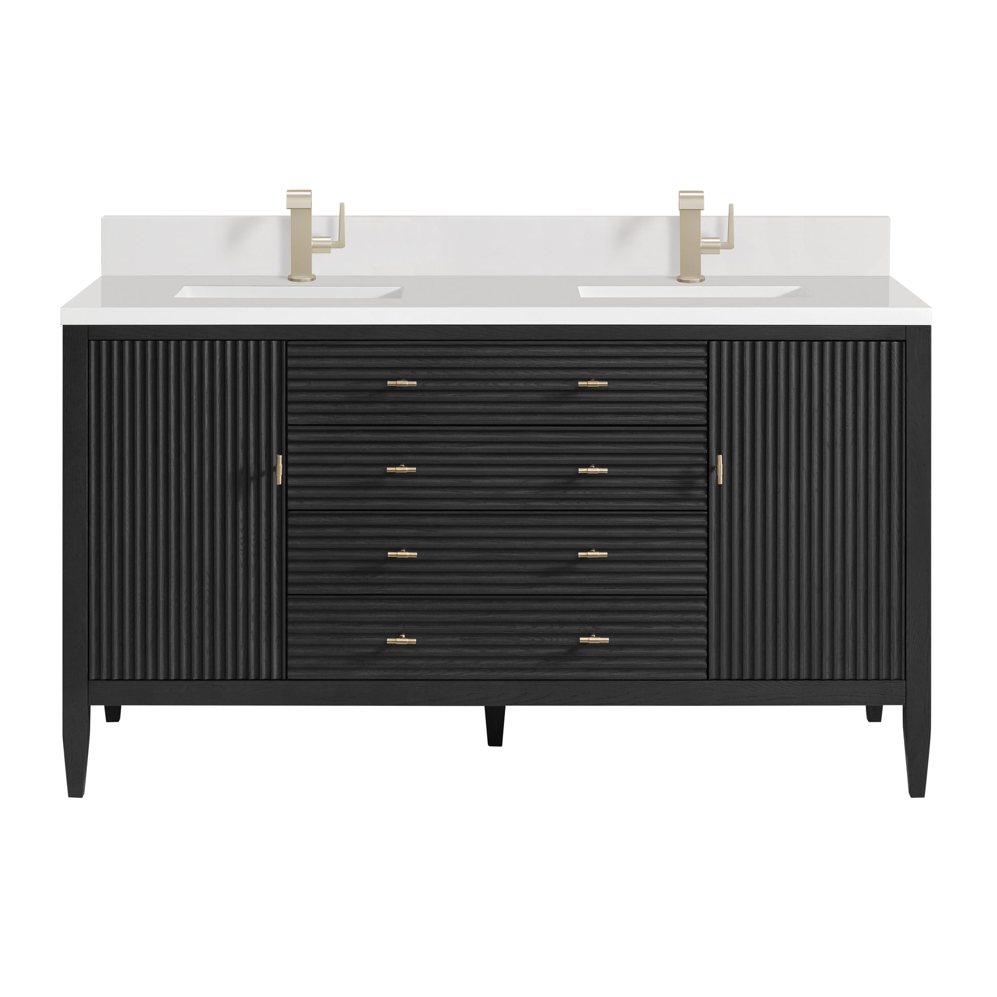 Renovate for Less Atlanta Myrrin 60" Double Vanity, Carbon Oak w/ Single Hole 3 CM White Zeus Silestone Top & Backsplash
