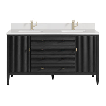 Renovate for Less Atlanta Myrrin 60" Double Vanity, Carbon Oak w/ Single Hole 3 CM White Zeus Silestone Top & Backsplash