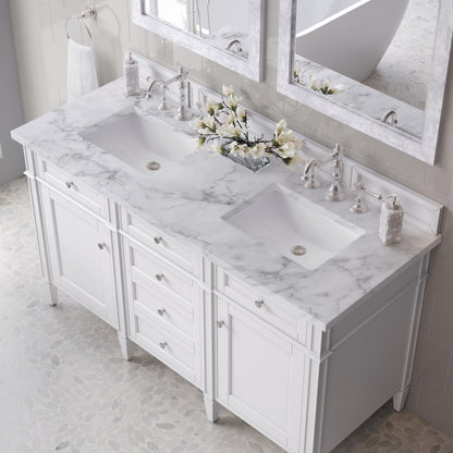 Renovate for Less Atlanta Brittany 60" Double Vanity, Bright White Vanity w/ 3 CM Carrara Marble Top