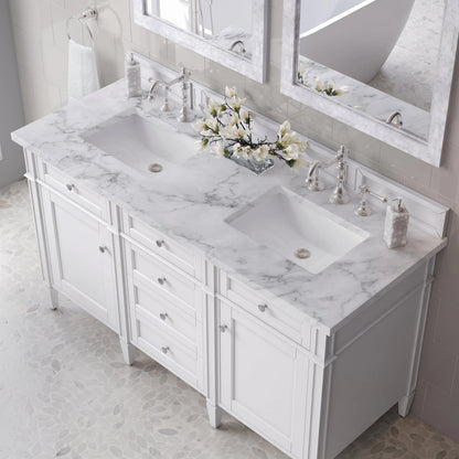 Brittany 60" Double Vanity, Bright White Vanity w/ 3 CM Carrara Marble Top
