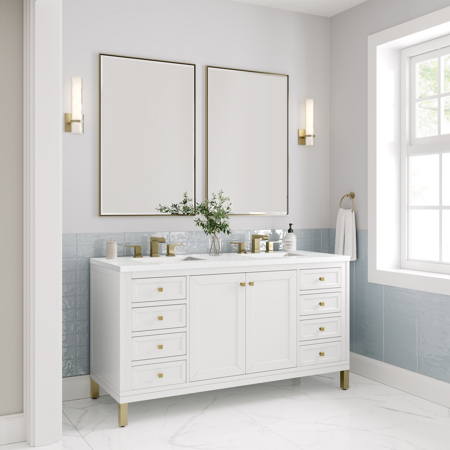 Renovate for Less Atlanta Chicago 60" Double Vanity, Glossy White, w/ 3 CM White Zeus Silestone® Top
