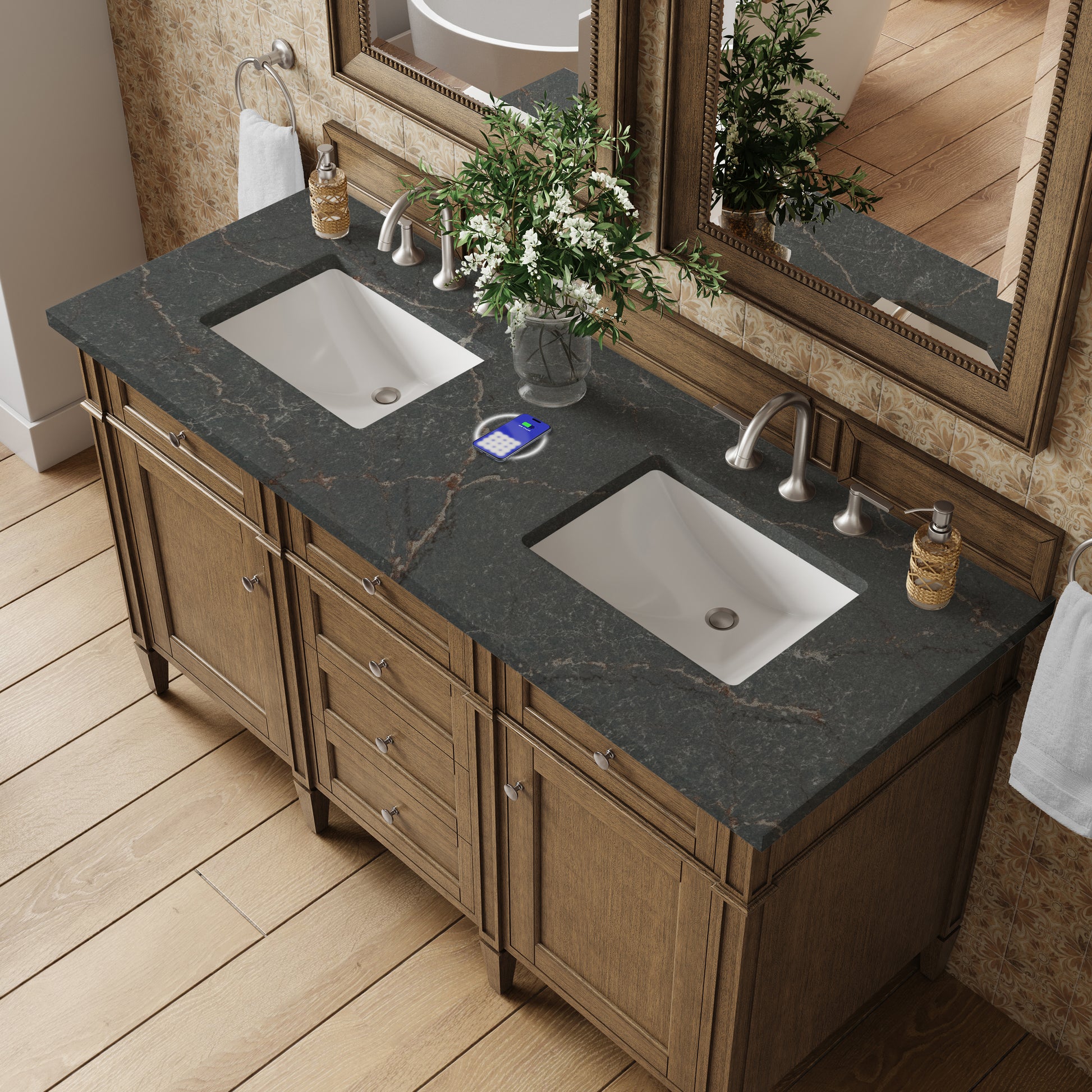 Renovate for Less Atlanta Brittany 60" Double Vanity, Saddle Brown w/ 3 CM Parisien Bleu Silestone Top w/FreePower Wireless Charger