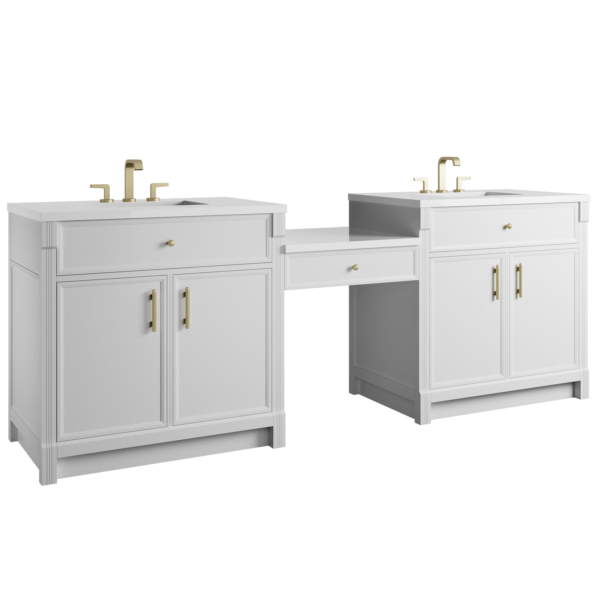 Renovate for Less Atlanta Bellshire 96" Dual Vanity Set with 24" Make-Up Counter, Bright White w/3 cm White Zeus Silestone Top