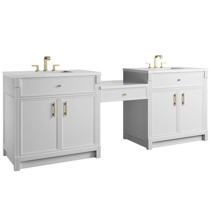 Bellshire 96" Dual Vanity Set with 24" Make-Up Counter, Bright White w/3 cm White Zeus Silestone Top