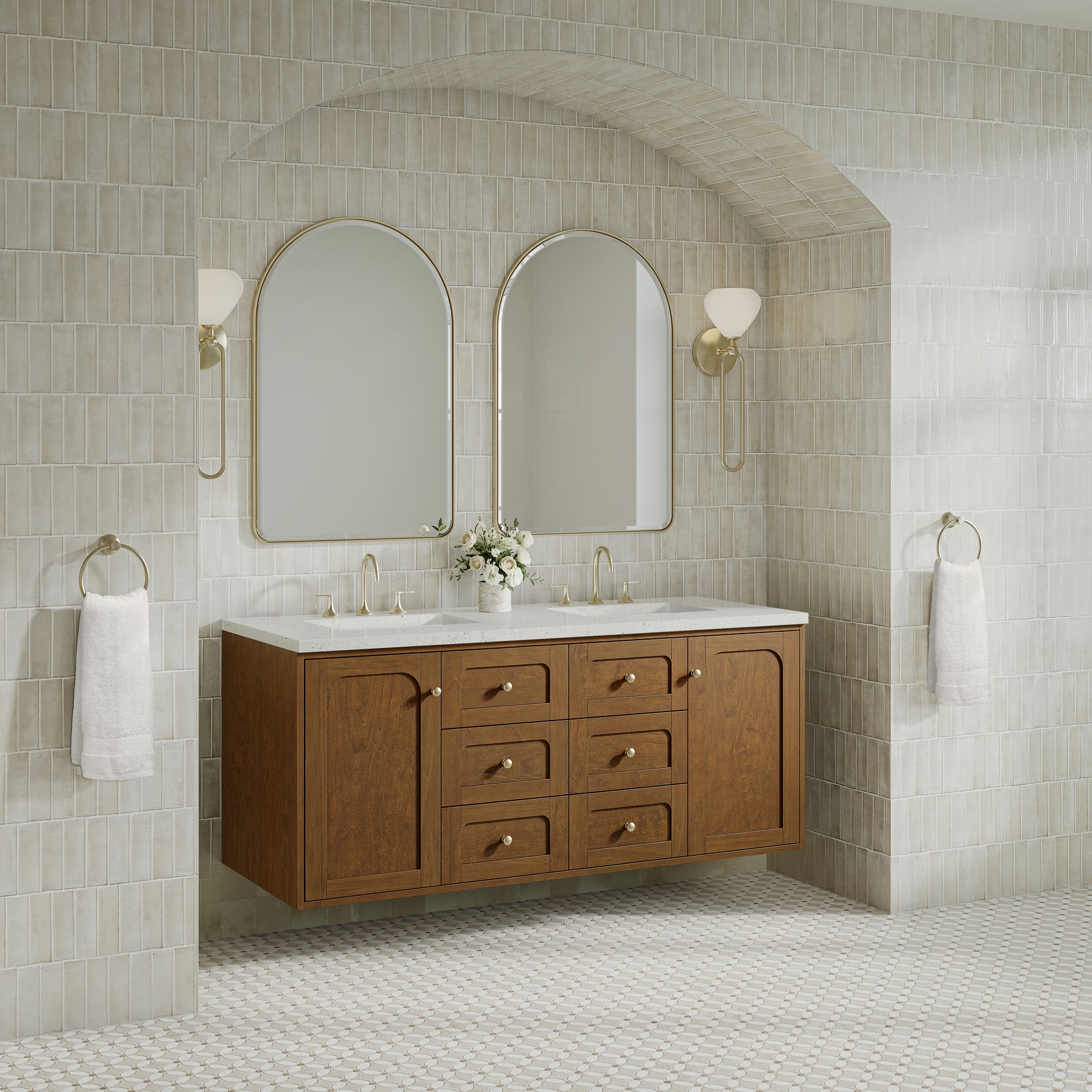 Renovate for Less Atlanta Laurent 60" Double Vanity, Honey Oak w/ 3 CM Lime Delight Silestone Top