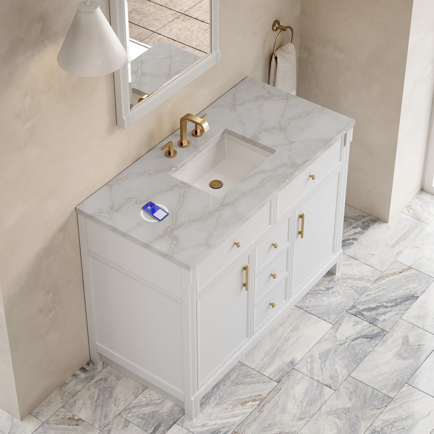 Renovate for Less Atlanta Bellshire 48" Single Vanity, Bright White w/ 3 CM Victorian Silver Silestone Top w/FreePower Wireless Charger