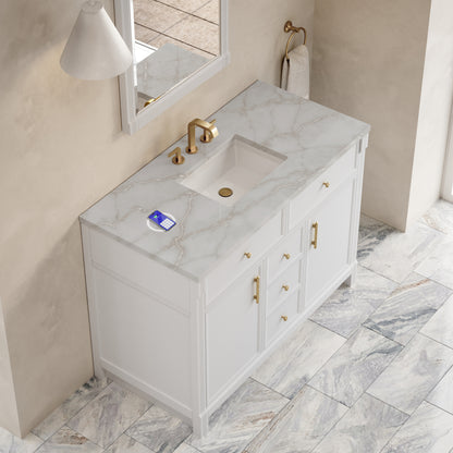 Renovate for Less Atlanta Bellshire 48" Single Vanity, Bright White w/ 3 CM Victorian Silver Silestone Top w/FreePower Wireless Charger