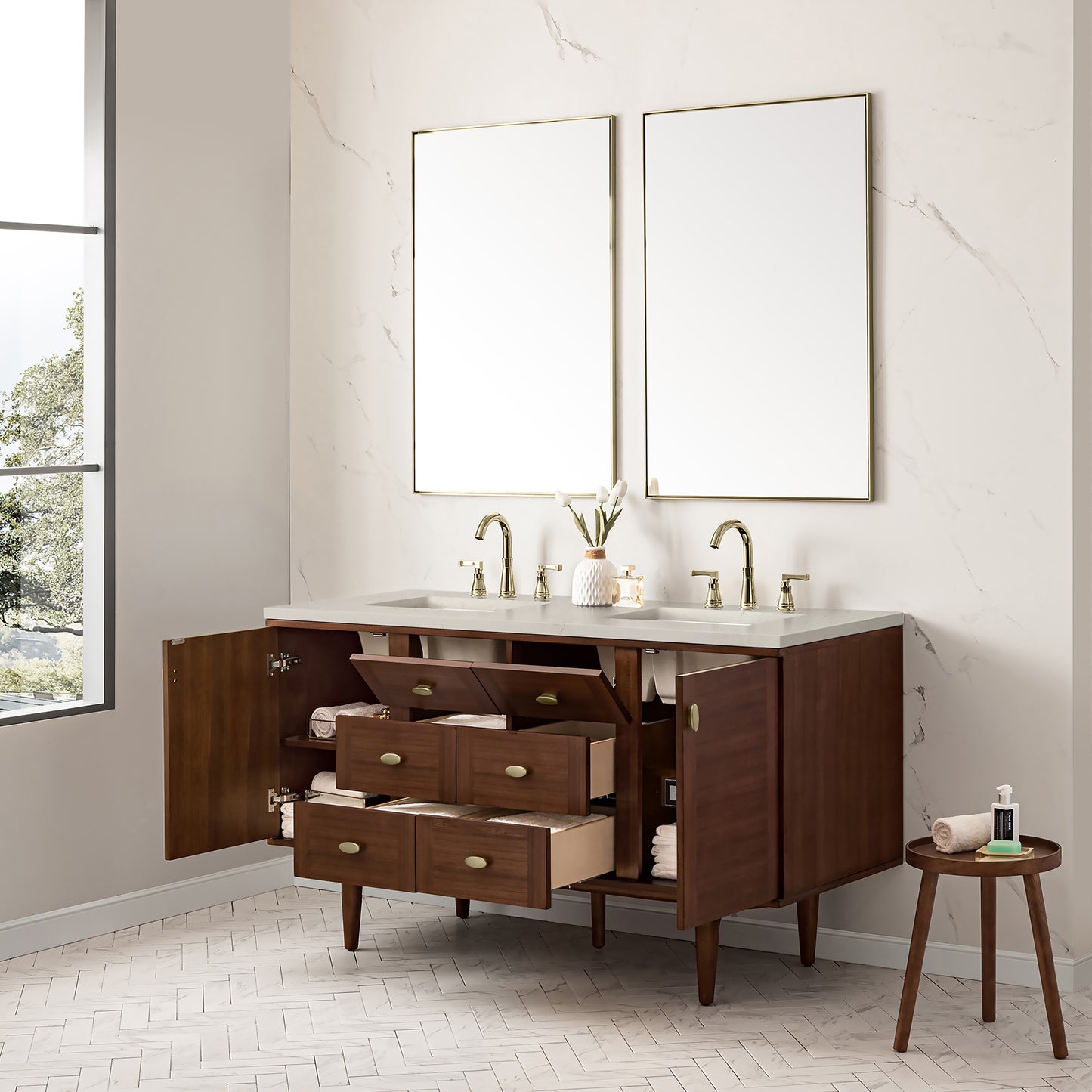 Renovate for Less Atlanta Amberly 60" Double Vanity, Mid-Century Walnut, w/ 3 CM Siberian Silestone Top w/FreePower Wireless Charger
