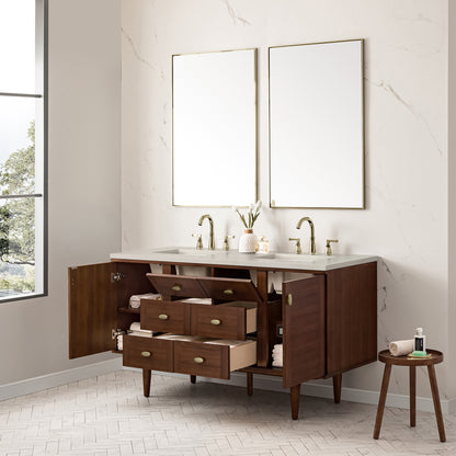 Renovate for Less Atlanta Amberly 60" Double Vanity, Mid-Century Walnut, w/ 3 CM Siberian Silestone Top w/FreePower Wireless Charger