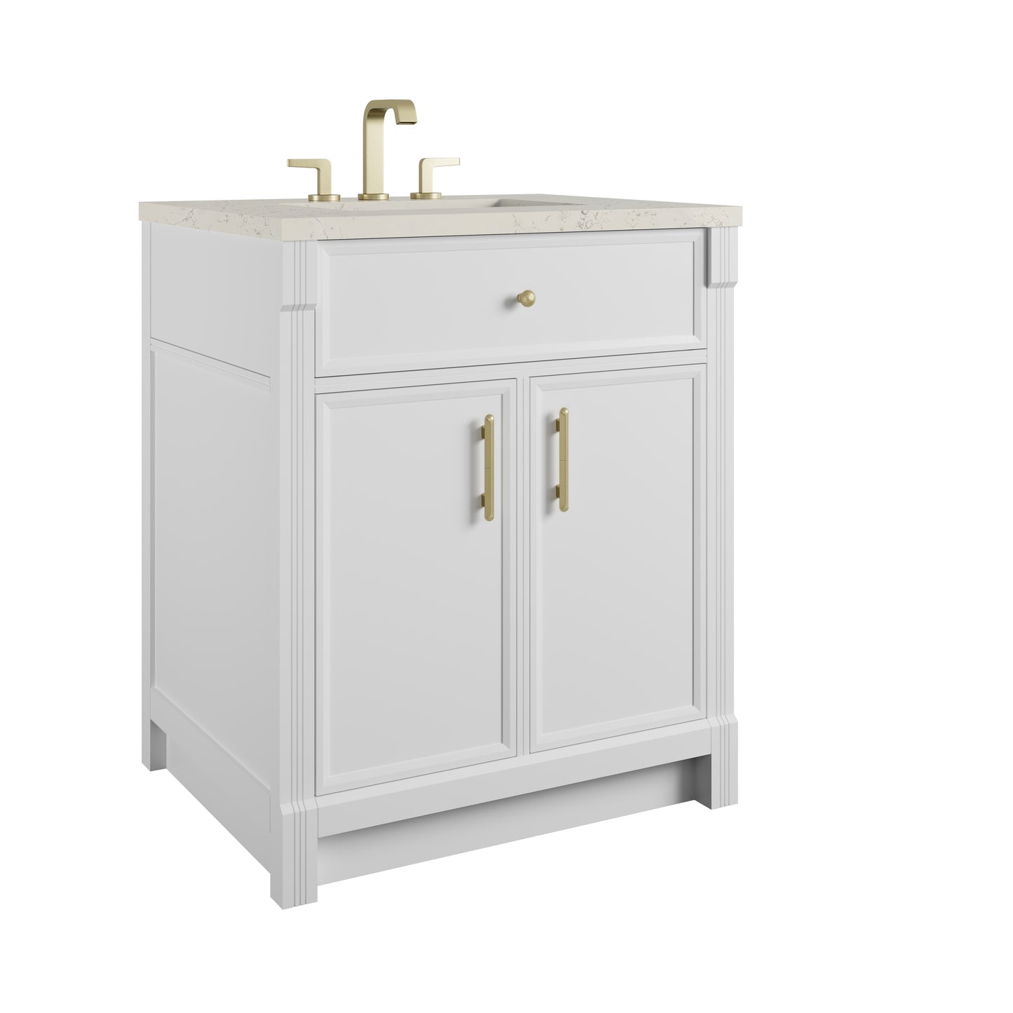 Renovate for Less Atlanta Bellshire 30" Single Vanity, Bright White w/ 3 CM Siberian Silestone Top