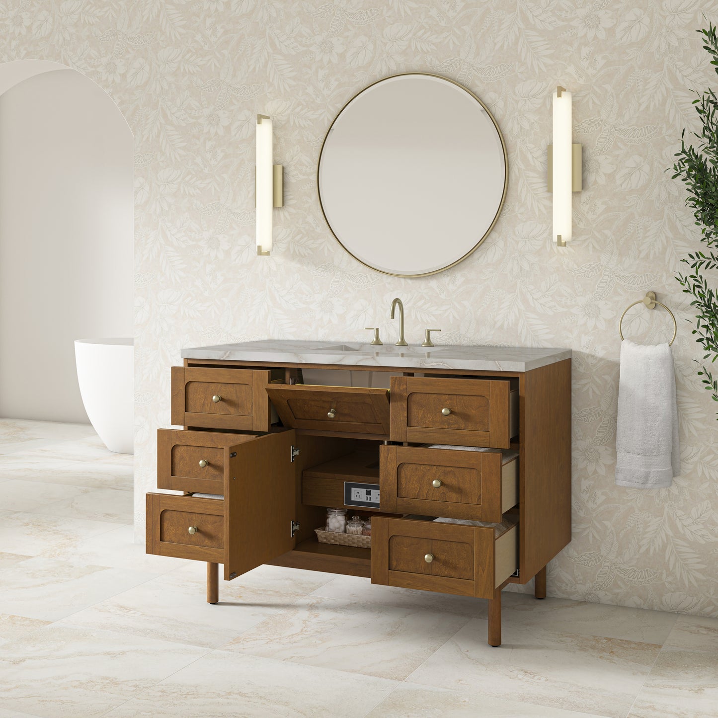 Renovate for Less Atlanta Laurent 48" Single Vanity, Honey Oak w/ 3 CM Victorian Silver Silestone Top