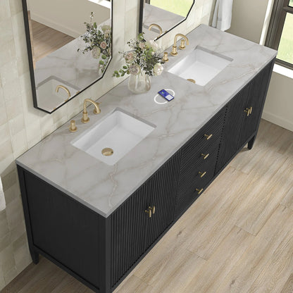 Myrrin 72" Double Vanity, Carbon Oak w/ 3 CM Victorian Silver Silestone Top w/FreePower Wireless Charger