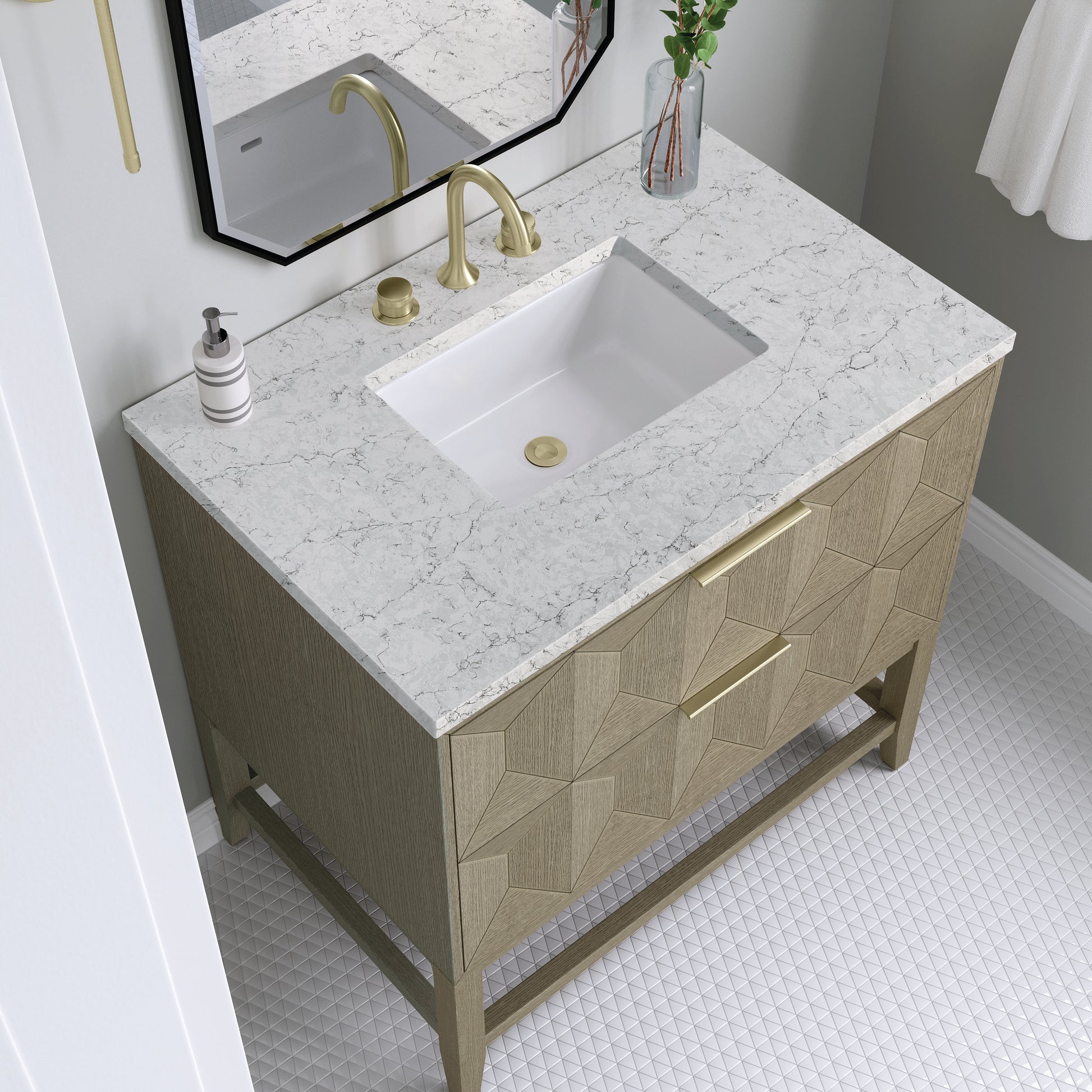 Renovate for Less Atlanta Emmeline 36" Single Vanity, Pebble Oak w/ 3 CM Eternal Jasmine Pearl Top