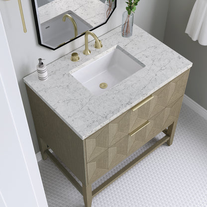 Renovate for Less Atlanta Emmeline 36" Single Vanity, Pebble Oak w/ 3 CM Eternal Jasmine Pearl Top