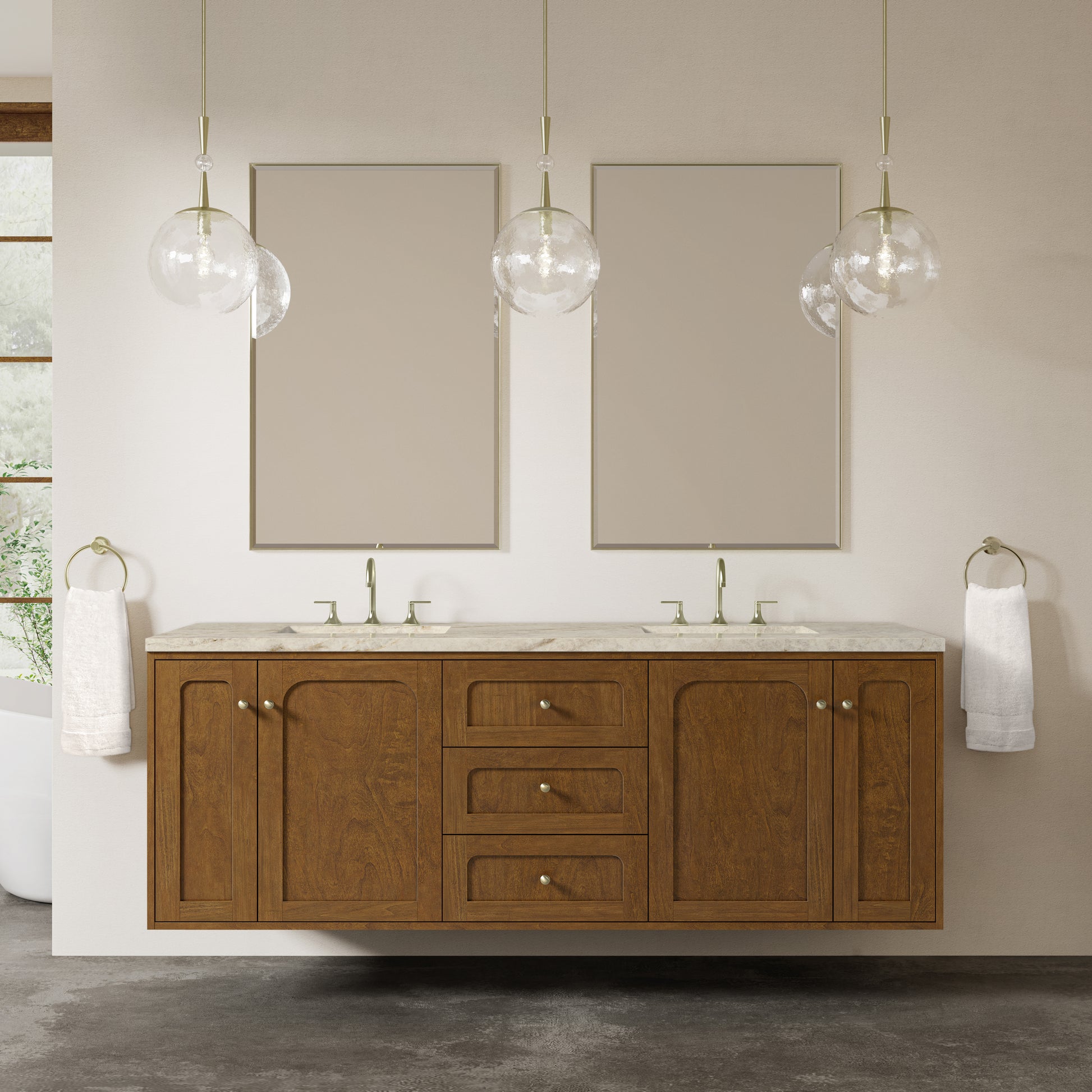 Renovate for Less Atlanta Laurent 72" Double Vanity, Honey Oak w/ 3 CM Tajnar Eclos Top