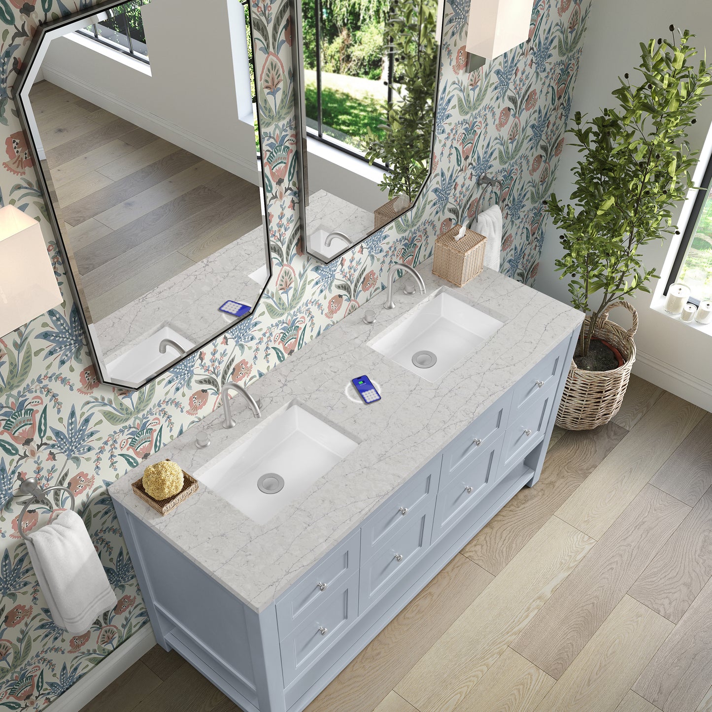 Renovate for Less Atlanta Breckenridge 60" Double Vanity, Serenity Blue, w/ 3 CM Eternal Jasmine Pearl Quartz Top w/FreePower Wireless Charger
