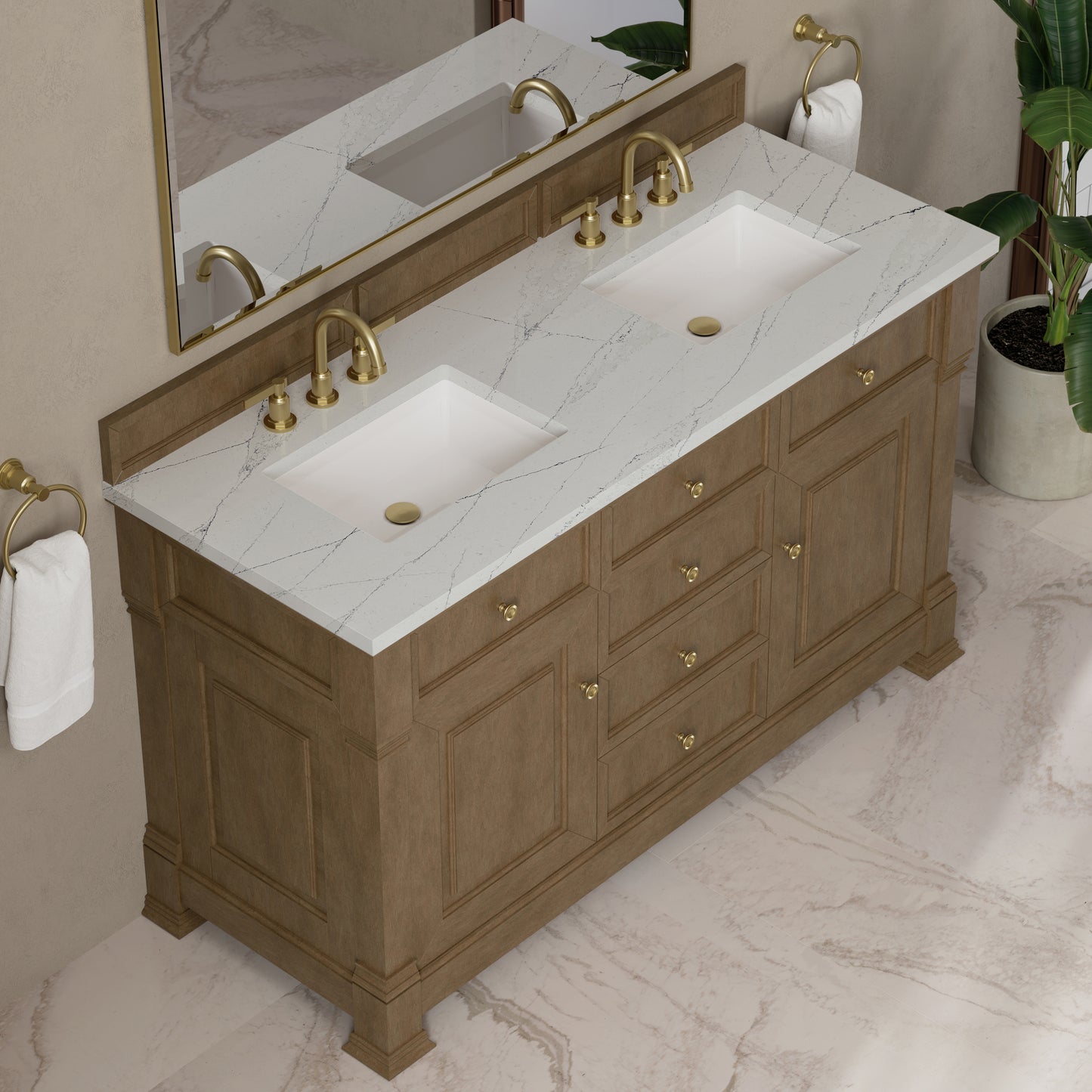 Renovate for Less Atlanta Brookfield 60" Double Vanity, Pecan w/ 3 CM Ethereal Noctis Silestone  Top