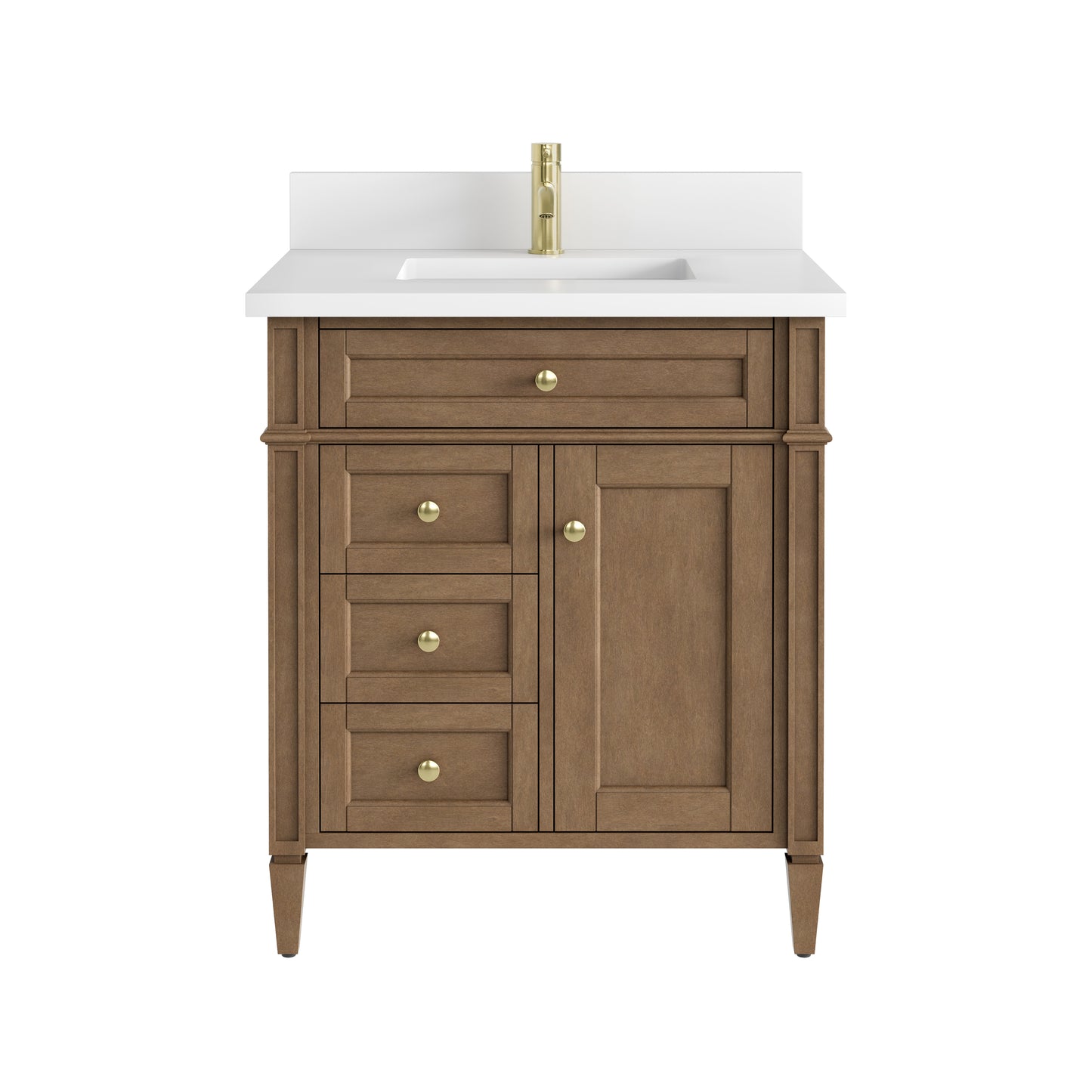 Renovate for Less Atlanta Brittany 30" Single Vanity, Pecan w/ Single Hole 3 CM White Zeus Silestone Top and Matching Backsplash