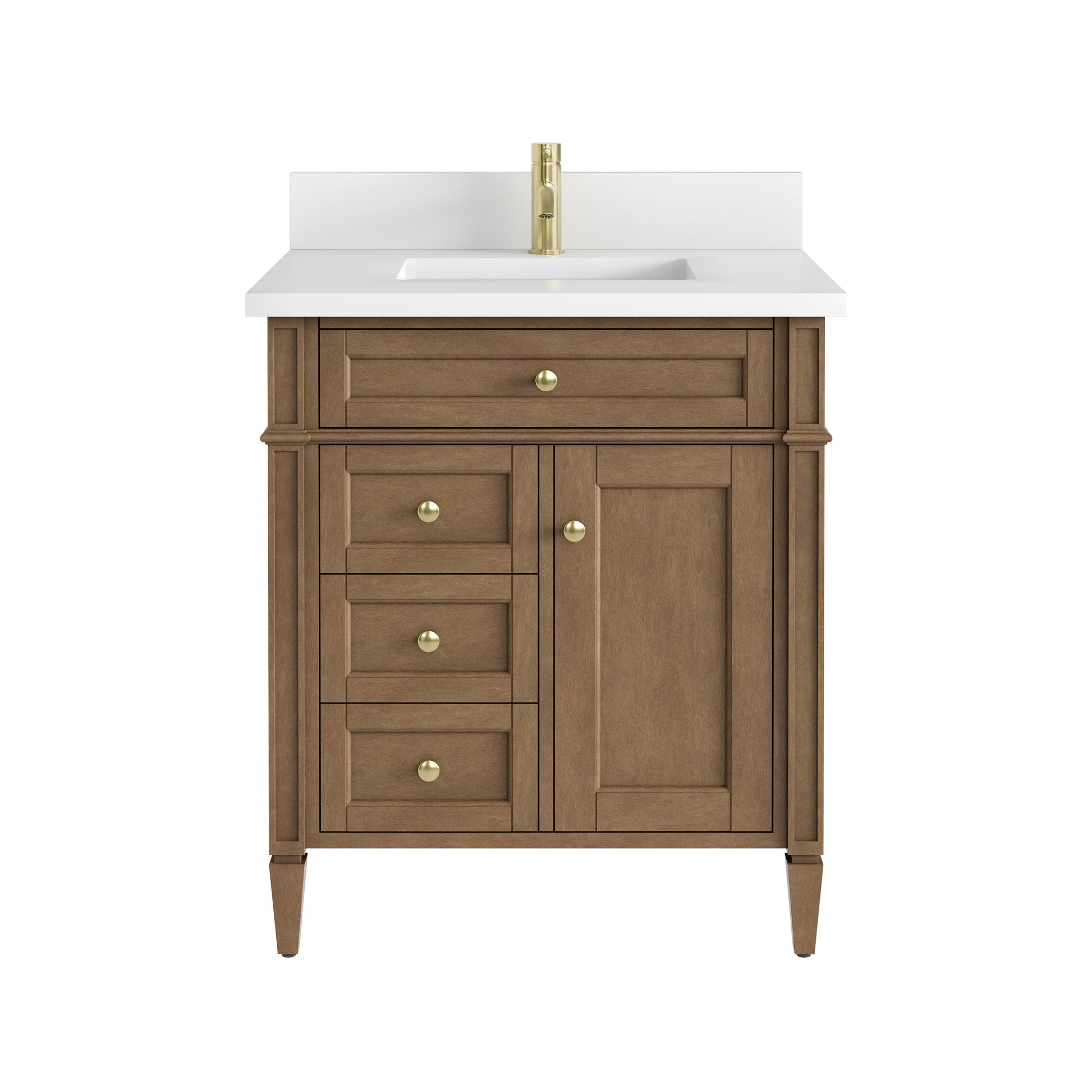 Renovate for Less Atlanta Brittany 30" Single Vanity, Pecan w/ Single Hole 3 CM White Zeus Silestone Top and Matching Backsplash