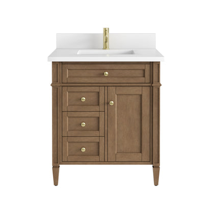 Renovate for Less Atlanta Brittany 30" Single Vanity, Pecan w/ Single Hole 3 CM White Zeus Silestone Top and Matching Backsplash
