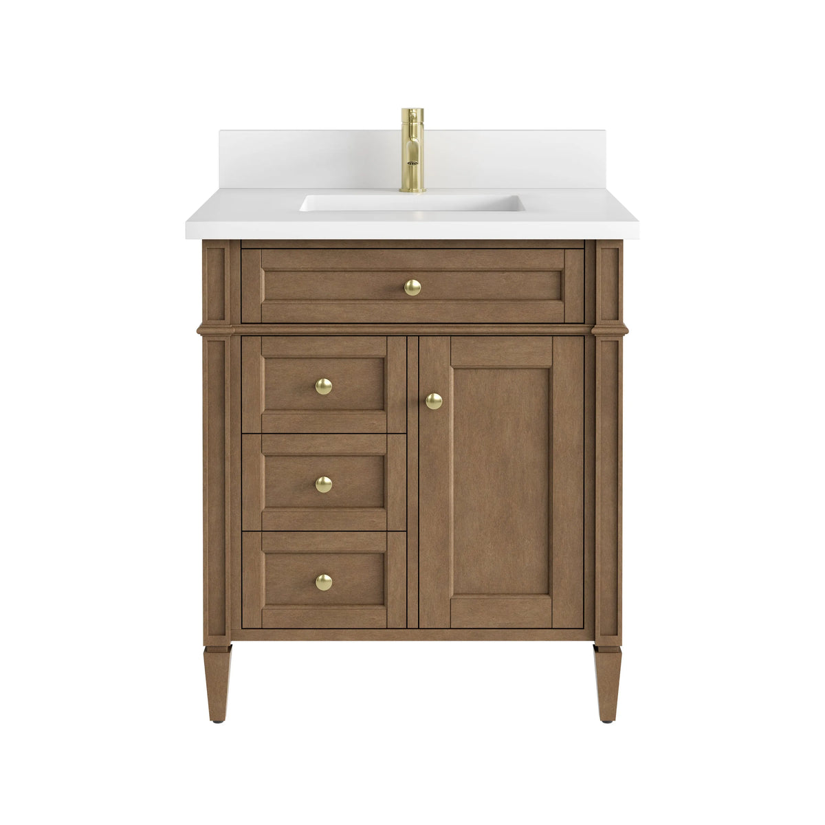 Brittany 30" Single Vanity, Pecan w/ Single Hole 3 CM White Zeus Silestone Top and Matching Backsplash