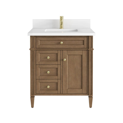 Brittany 30" Single Vanity, Pecan w/ Single Hole 3 CM White Zeus Silestone Top and Matching Backsplash